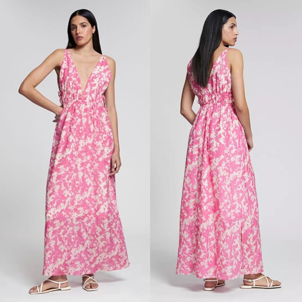 NWT & Other Stories Silk Cotton Tie-Detailed V-Cut Maxi Dress Pink White S